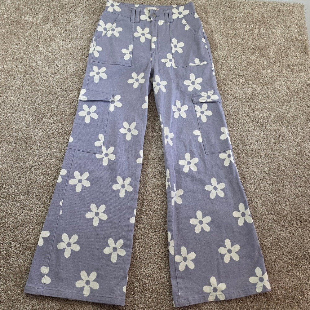 Altar'd State Cargo Pants Purple Daisy Floral Print Wide Leg Retro Size S